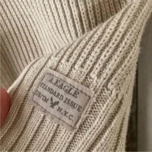 American eagle cable knit beige classic pullover men's sweater thick soft cotton - Picture 8 of 9